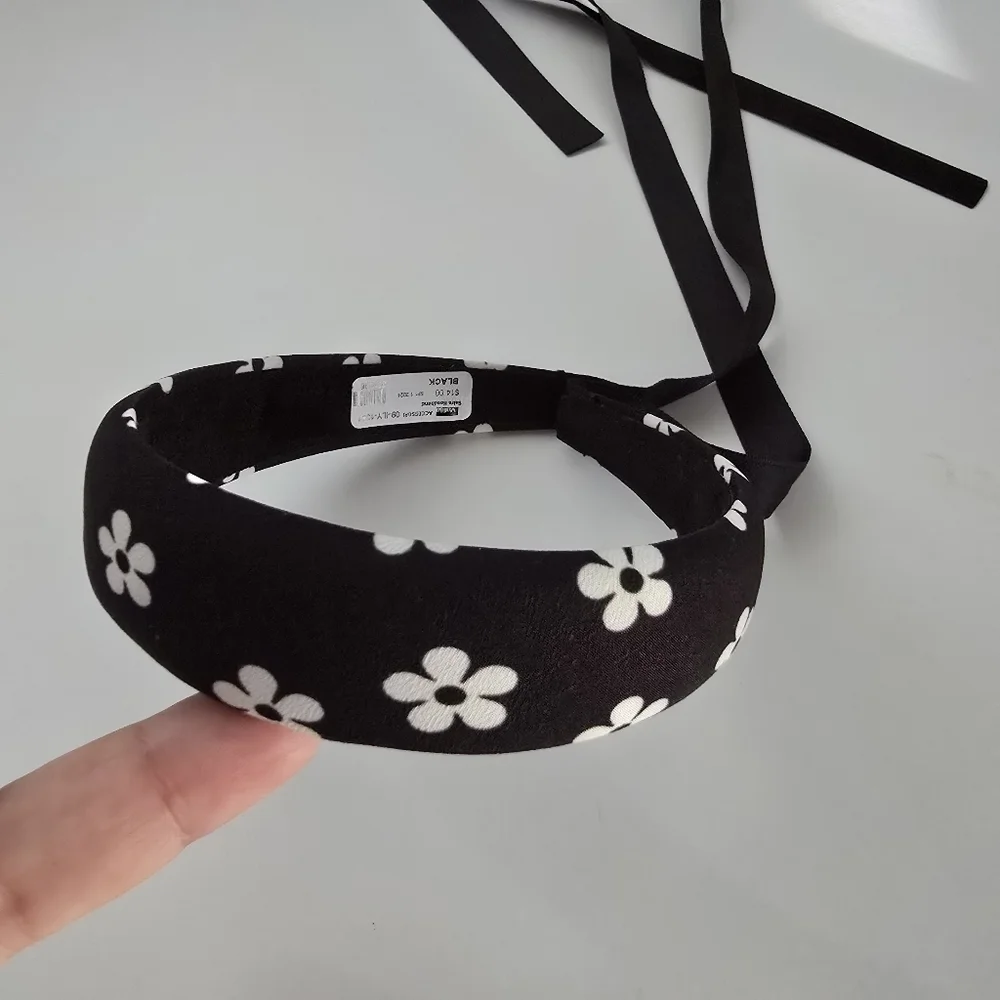 NEW Black White Retro Floral Ribbon Bow Headband